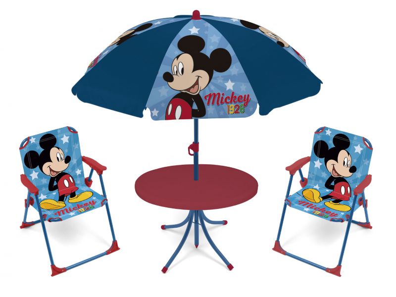 Set de mesa (50x50x48cm), 2 sillas (38x32x53cm) y sombrilla (diÁmetro 110cm) de mickey
