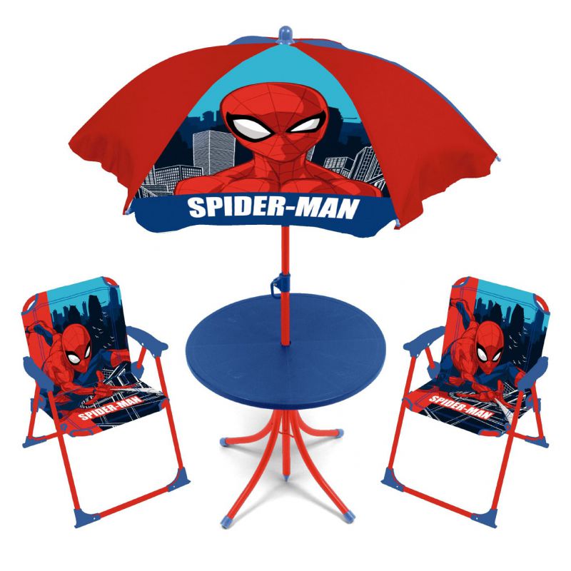 Set de mesa (50x50x48cm), 2 sillas (38x32x53cm) y sombrilla (diÁmetro 110cm) de spiderman