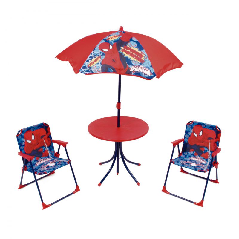 Set de mesa (50x50x48cm), 2 sillas (38x32x53cm) y sombrilla (diÁmetro 110cm) de spiderman