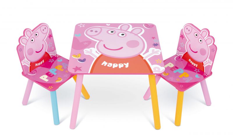 Set de <span>mesa</span> (50x50x44cm) y 2 sillas (26.5x26.5x50cm) de madera de peppa pig