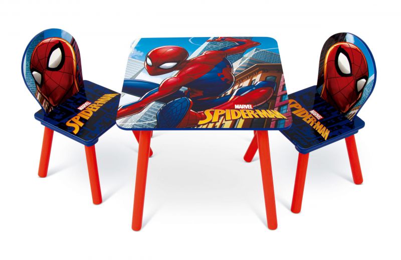 Set de <span>mesa</span> (50x50x44cm) y 2 sillas (26.5x26.5x50cm) de madera de spiderman