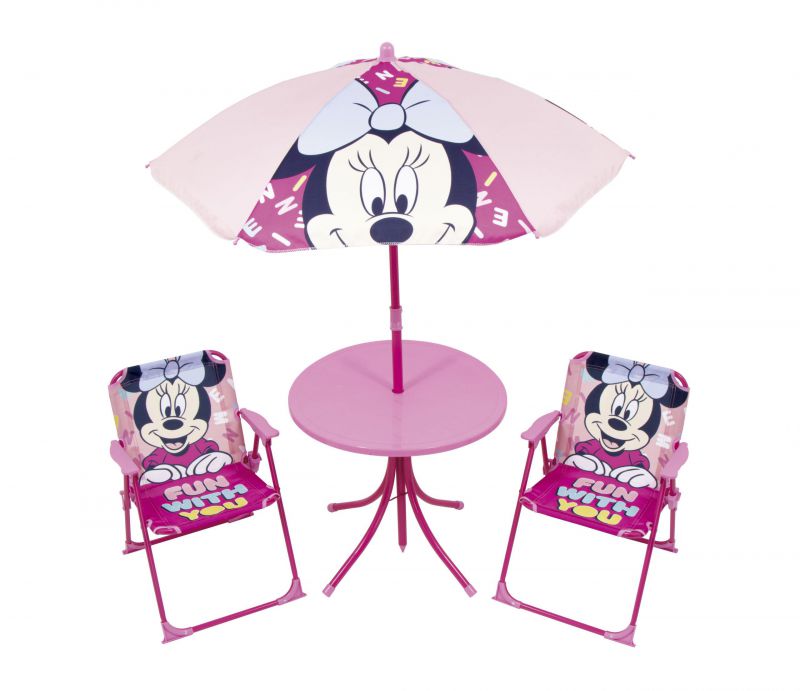 Set de mesa (50x50x48cm), 2 sillas (38x32x53cm) y sombrilla (diÁmetro 110cm) de minnie
