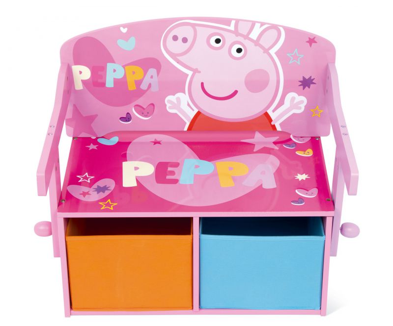 3en1 <span>banco</span> juguetero de madera (60x47x56cm) convertible en escritorio (60x70x44cm) con dos cestos textiles de almacenamiento de peppa pig