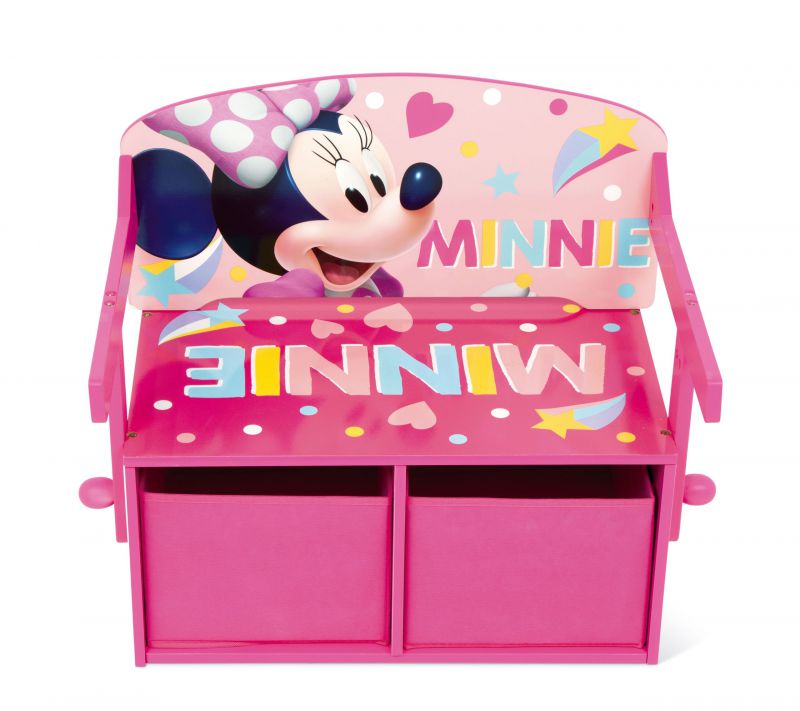 3en1 <span>banco</span> juguetero de madera (60x47x56cm) convertible en escritorio (60x70x44cm) con dos cestos textiles de almacenamiento de minnie