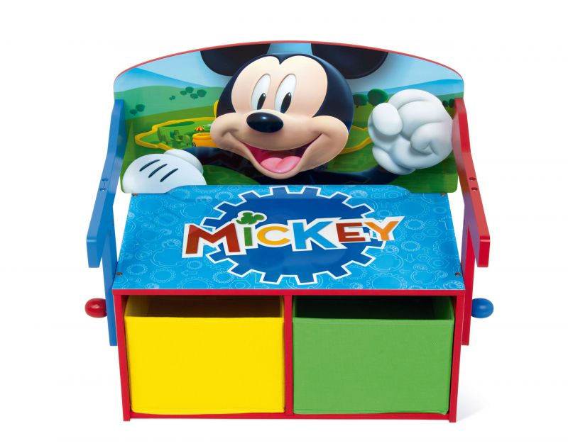 3en1 banco juguetero de madera (60x47x56cm) convertible en escritorio (60x70x44cm) con dos cestos textiles de almacenamiento de mickey