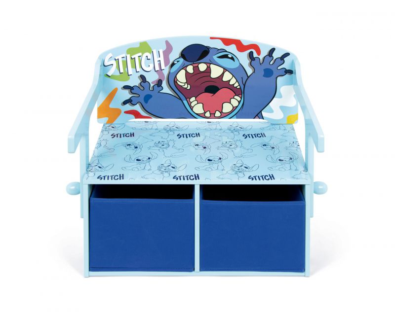 3en1 banco juguetero de <span>madera</span> (60x47x56cm) convertible en escritorio (60x70x44cm) con dos cestos textiles de almacenamiento de lilo & stitch